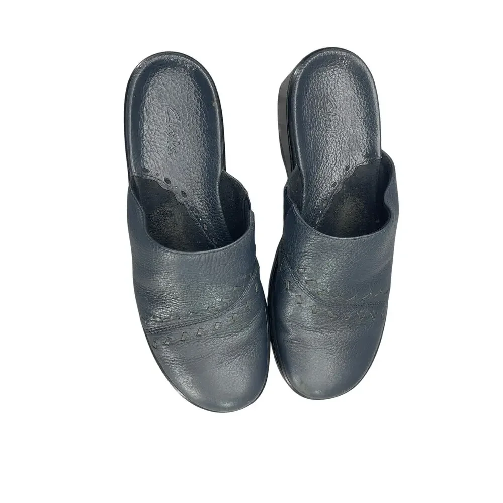 Clarks Navy Blue Leather Slip On Comfort Slide Clog Mule Shoe Women 8M